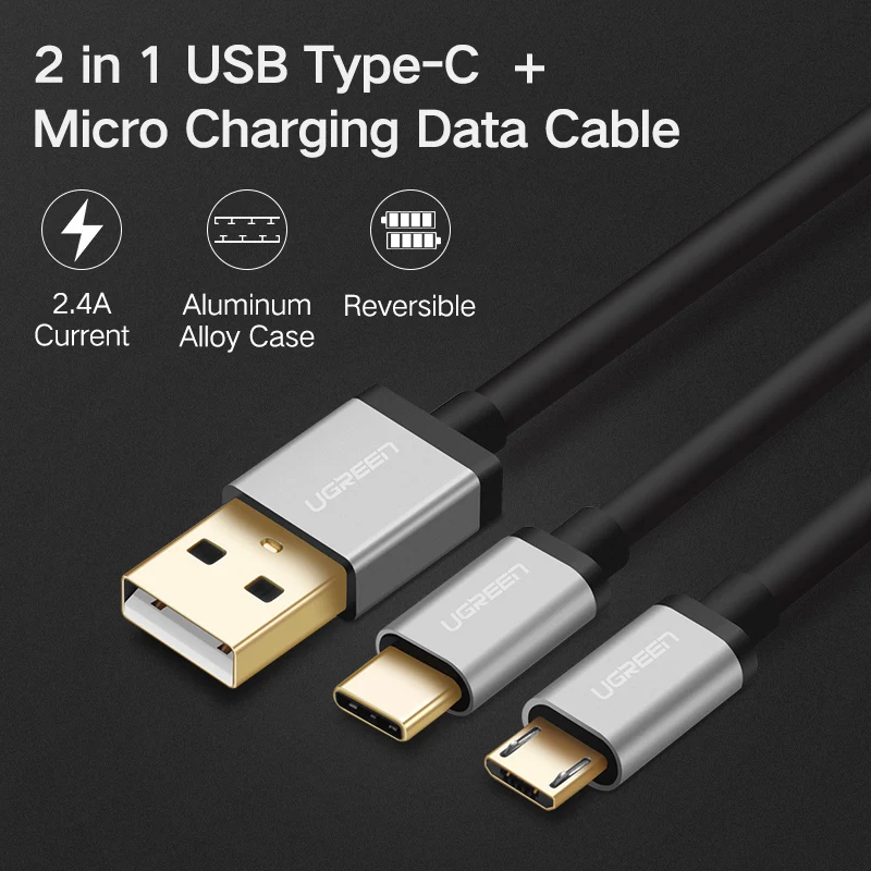 Ugreen 2 في 1 USB C كابل لسامسونج غالاكسي S10 s9 Plus 2.4A كابل USB صغير للشحن السريع لأحد زائد 6 5 المحمول كابلات الهاتف