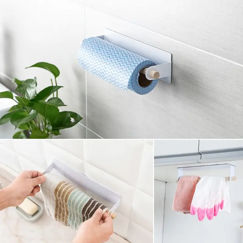 Adhesive Paper Towel Wooden Holder Storage Rack Organizer Tissue Shelf Under Cabinet Cupboard For Kitchen Bathroom Home