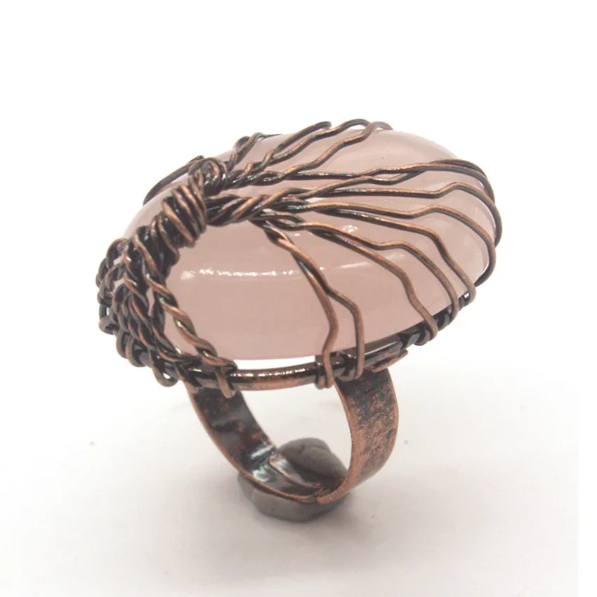 

100-Unique New Arrival 1 Pcs Copper Handmade Wire Wrap Oval Shape Rose Pink Quartz Ring Engagement Jewelry