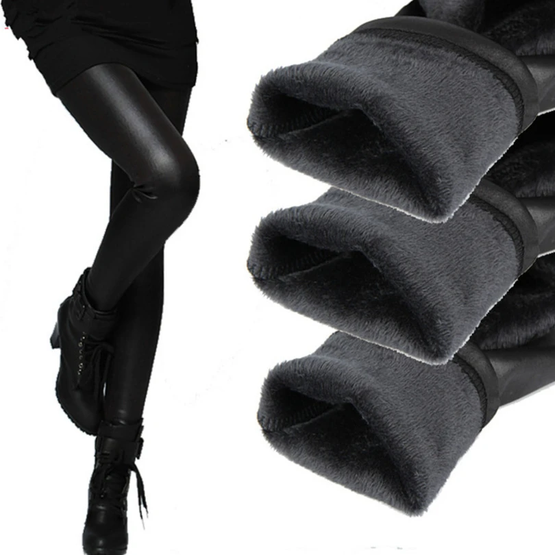 2023 Autumn Winter New Thermal Leg Warm Women's Leggings Leather High Waist  Fleece Velvet Black Tights Sexy PU Faux Female Pants