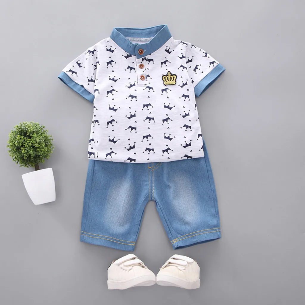 Toddler Boy Clothes Summer Crown T Shirt+ Denim Shorts Pants Sets Outfits Children Baby Clothing For Boys 1 2 3 4 5 Years