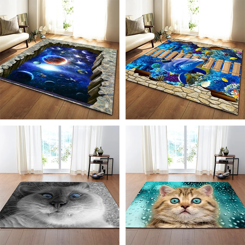  Nordic 3D Printed Large Carpets Galaxy Space Cat Mat Soft Flannel Area Rugs Anti-slip Rug for Livin