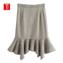 Женская клетчатая юбка-миди с оборками в стиле русалки шикарная винтажная Falda Mujer Houndstooth женская повседневная одежда Юбки До Колена