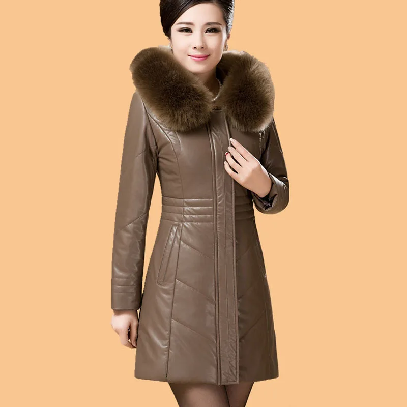 2016 New Winter Women's Sheepskin Leather Thick Coat Fur Collar Hooded Medium-long Jacket Outerwear Thick Warm  DX048