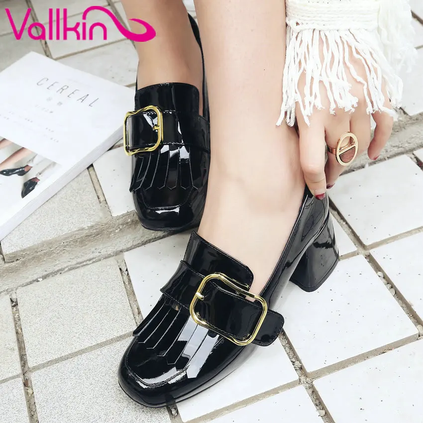 

VALLKIN 2017 Black Western Style Spring Autumn Real Leather Women Pumps Square Toe Women Shoes Square High Heel Pumps Size 34-39