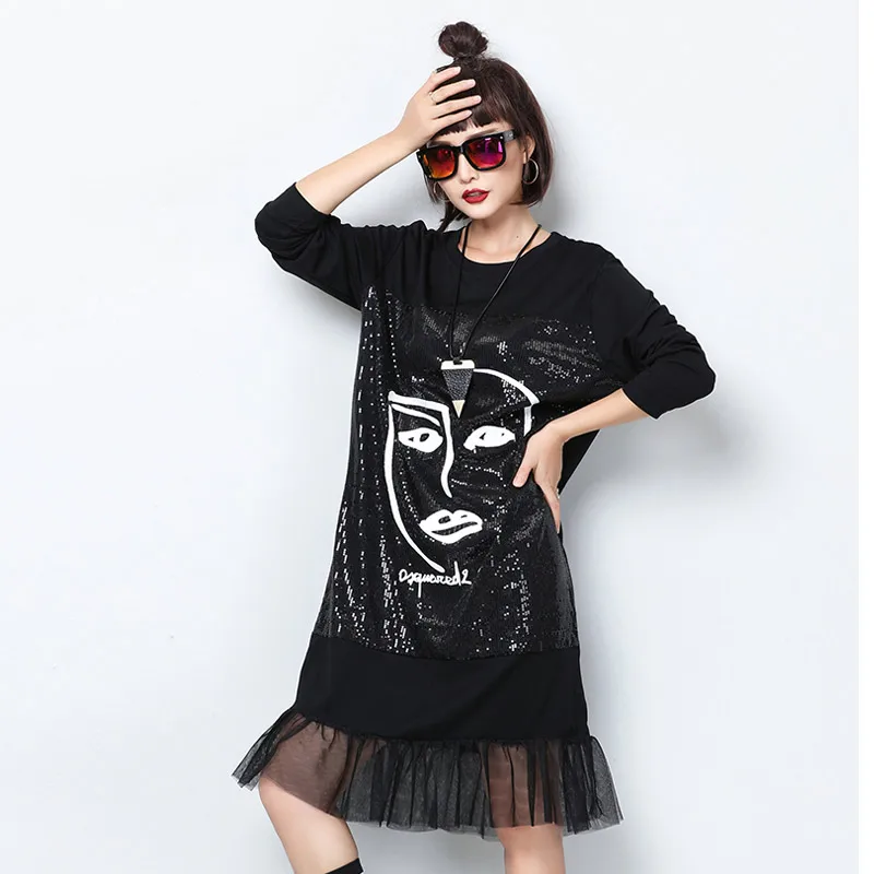 

TREND-Setter 2018 Spring and Autumn Black Sequins Face Dress Women Trumpet Mesh Dresses