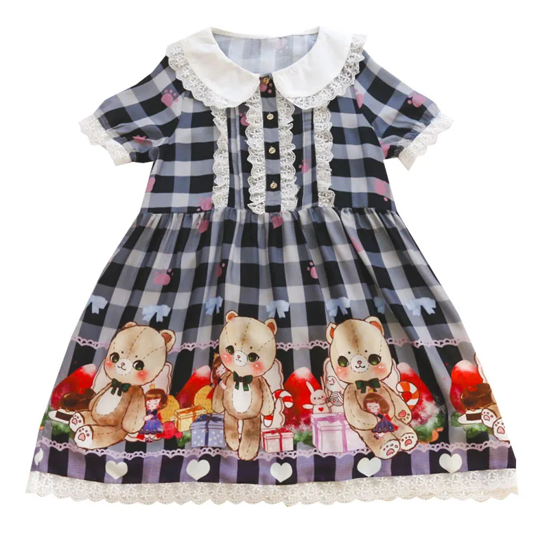 Мягкий сестра японский Лолита Kawaii Кролик принт кукла воротник кружева платье с бантом короткий рукав принцесса Для женщин платье Долли лето