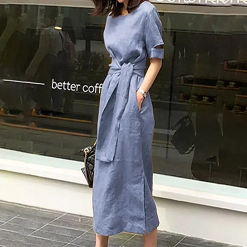 

Fashion Simple Elegant Korean Long Dress Women Lace Up Hollow Chic Blue Street Travel Summer Office Ladies Causal Maxi Dresses