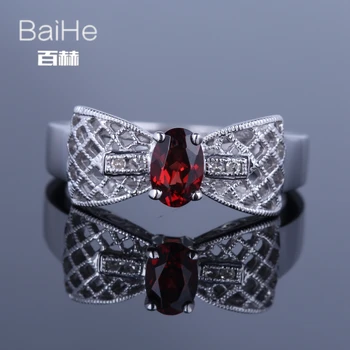

BAIHE Solid 14K White Gold 0.6CT Red Flawless Oval Garnet Wedding Women Trendy Fine Jewelry Garnet Ring