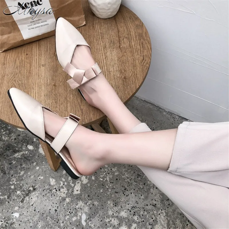 

Mhysa 2019 New Women Slippers Bowtie Flats Shoes Low Heels Spring Mules For Women Slides Pointed Toe Sweet Girls Slipper T138