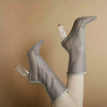 Неделя моды Взлетно-Посадочной Полосы Сапоги Ясно Perspex Пятки Сетки Ботильоны Прозрачные Туфли Летние Острым Носом Высокий Каблук Ясно Женщина Пинетки