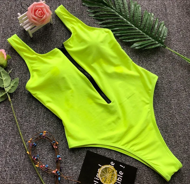 Сексуальное неоновое бикини на молнии, купальник для женщин, сдельный купальник, maillot de bain femme, une piece, купальник, монокини, badpak