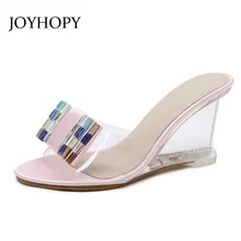 JOYHOPY/; шлепанцы на танкетке со стразами; женские летние сандалии на нескользящей платформе с кристаллами; пикантная прозрачная обувь на высоком каблуке; WS1686