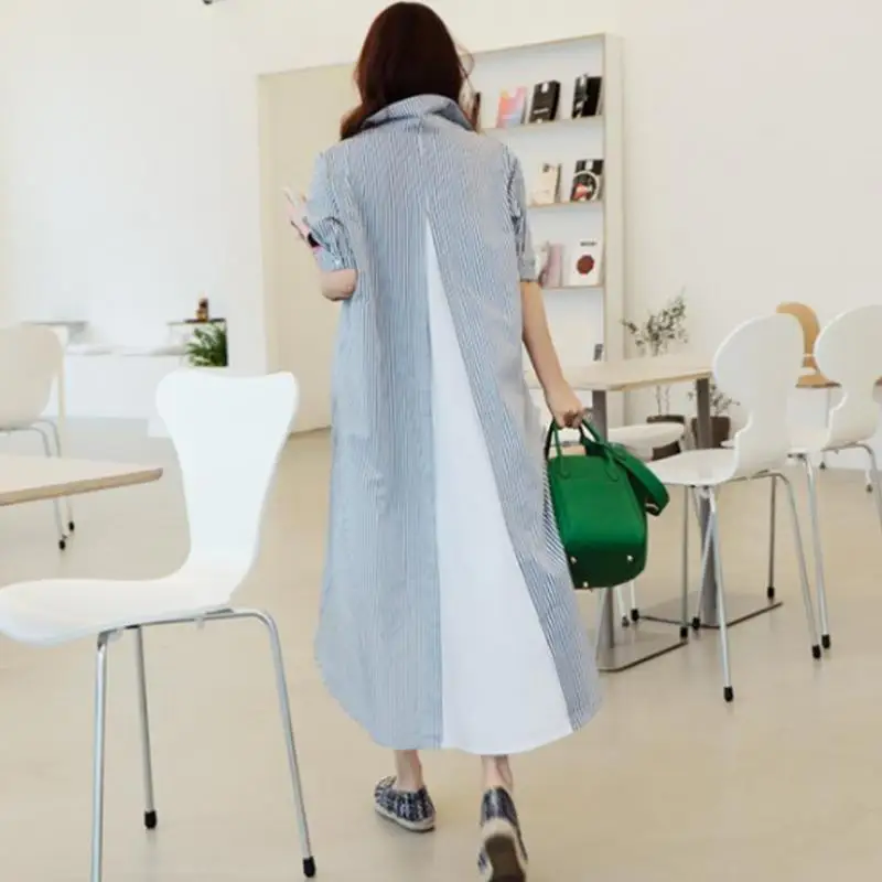 VM Women Dress Irregular Chiffon Patchwork Color Matching Stripe Shirt Asymmetry Loose Long Summer Dresses 2019 New | Женская одежда
