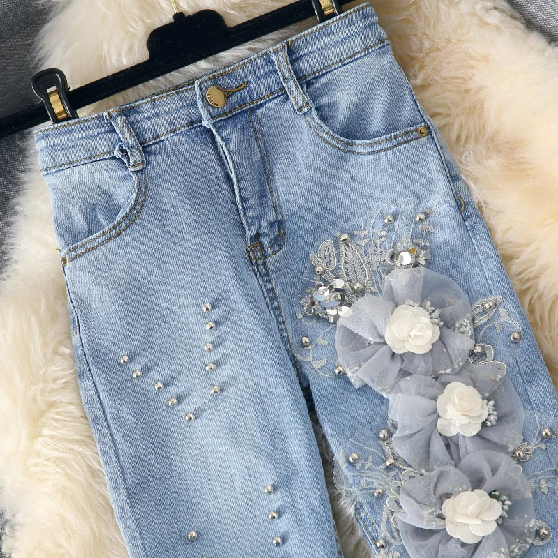 Floral Perles Européenne Jeans Maigre Trous Pantalon Femmes Strench Crayon EPqq1Iw