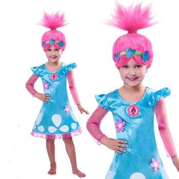 

Girls Cartoon Poppy Dress With Pink Hair Trolls Costumes Holiday Wear Cosplay Children Halloween Clothes Wholesale