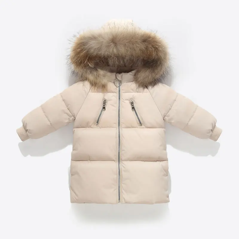 

New Boy Girl Autumn Winter Long Coat with Fur Hood Thicken Down Jacket Warm Design Solid Zipper Decor Children's Cotton Parka