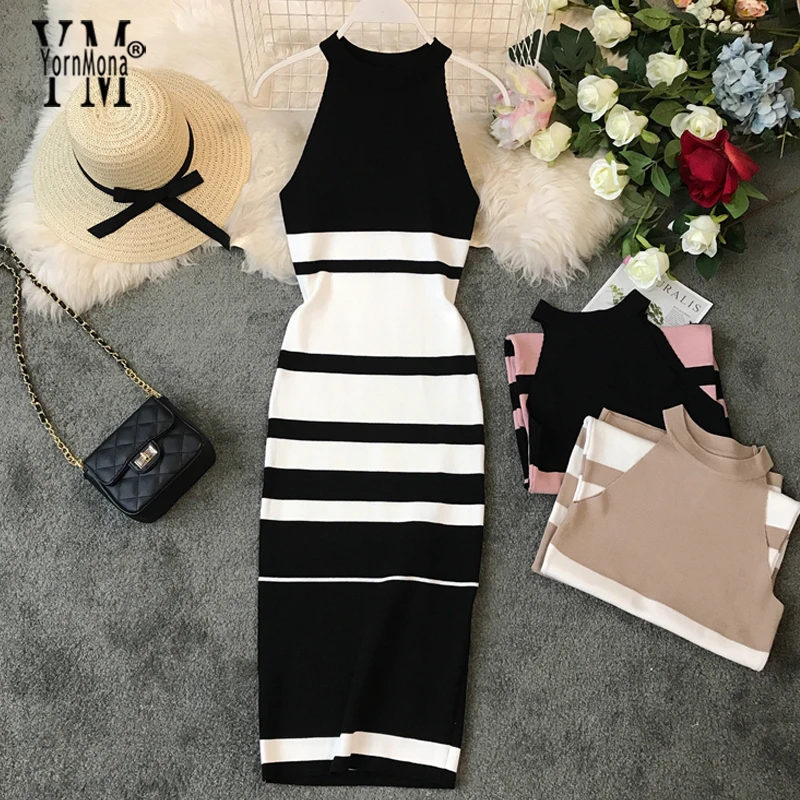 

YornMona New 2019 Women Summer Dress Halter Striped Sleeveless Bodycon Dress Sundress Casual Long Ladies Office Dresses Vestidos