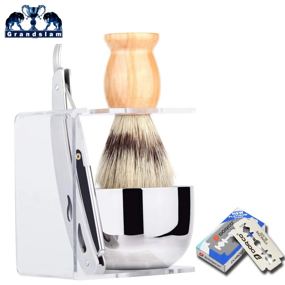 

Grandslam 4pcs/set Barber Shaving Razor Set Straight Razor For Man Shave + Boar Bristle Hair Shaving Brush +Acrylic Stand+Bowl