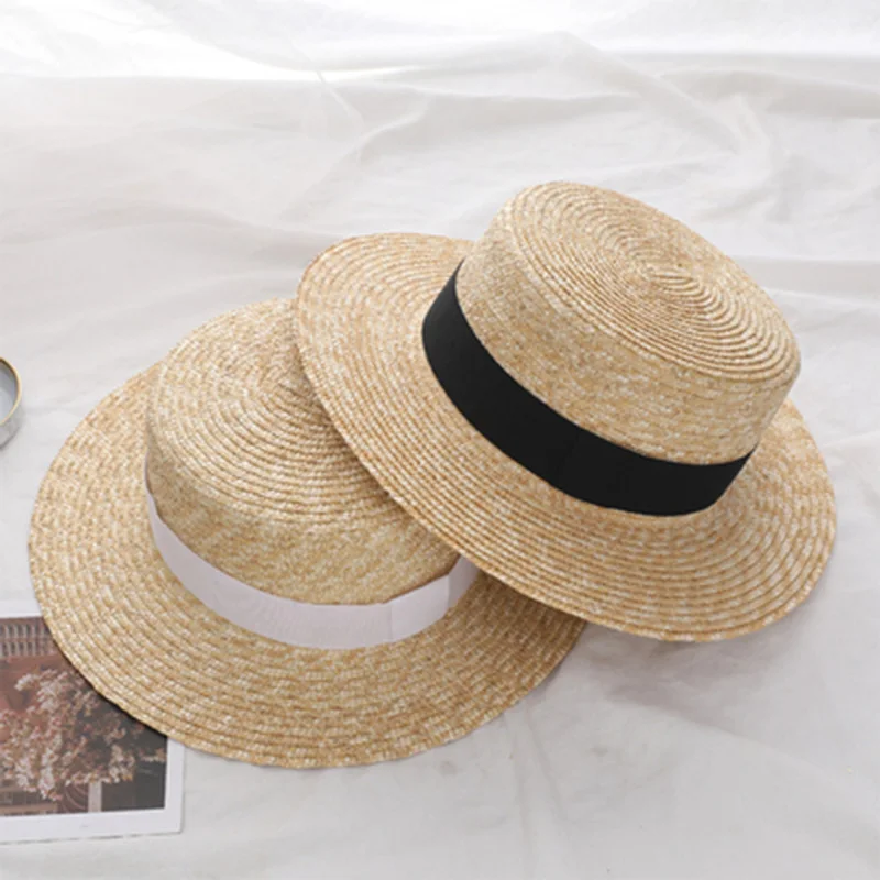

Women Natural Wheat Straw Hat Ribbon Tie 7cm Brim Boater Hat Derby Beach Sun Hat Cap Lady Summer Wide Brim UV Protect Hats