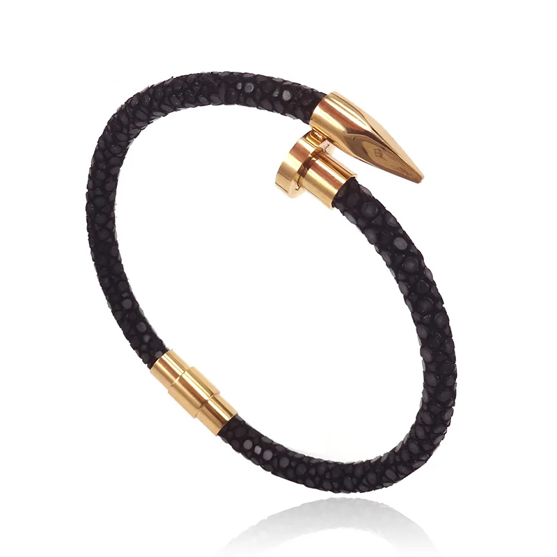 Real Black Stingray Leather Gold Nail Bracelet 2017 New Charm Nail Bracelets For Men Women