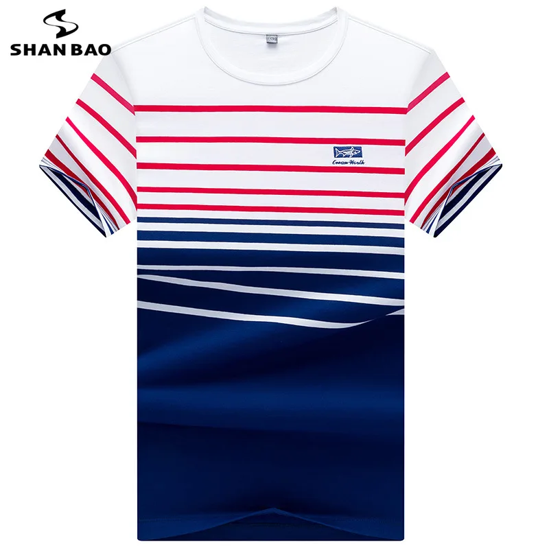 

2019 summer new embroidery striped color matching high quality cotton round neck short-sleeved T-shirt men's casual T-shirt