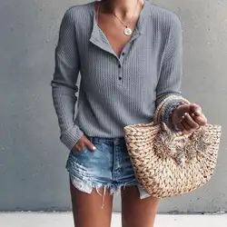 С длинным рукавом повседневное трикотажная пуговица пуловер свободные топы корректирующие Sexy V воротник для женщин осенний свитер