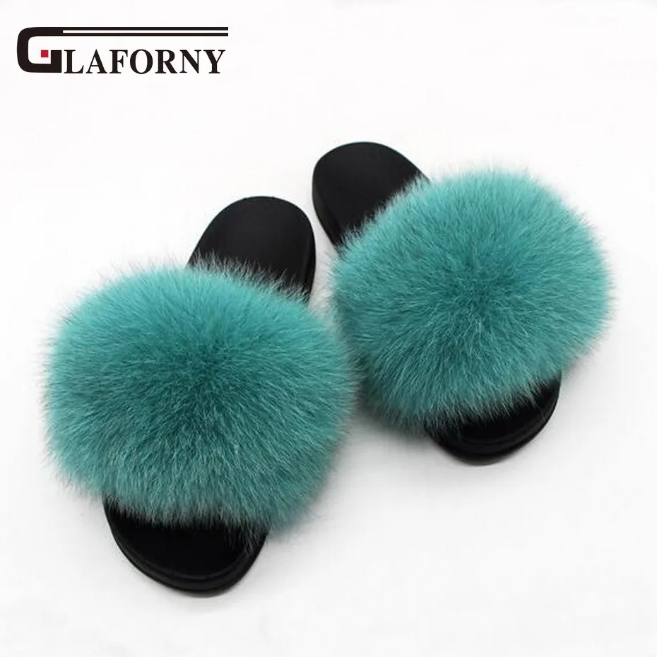 preço Slides Glaforny 2018 Genuine Fox Fur Mulheres Doces Cores Da Moda Chinelos de pele Peludo Fofo Confortável Flip Flops Sandálias Sapatos De Pele menina
