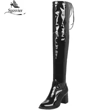 Sgesvier кружево со шнуровкой; женские сапоги до колена черного цвета высокого Женские туфли на высоком каблуке из лакированной искусственной кожи Лакированная кожа рыцарские Сапоги Botas B819