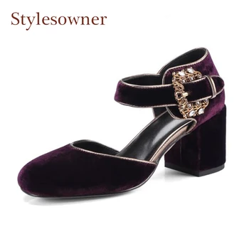 

Stylewowner round toe square high heel women pumps retro styel velvet two pieces hollow party shoes metal buckle wedding shoes