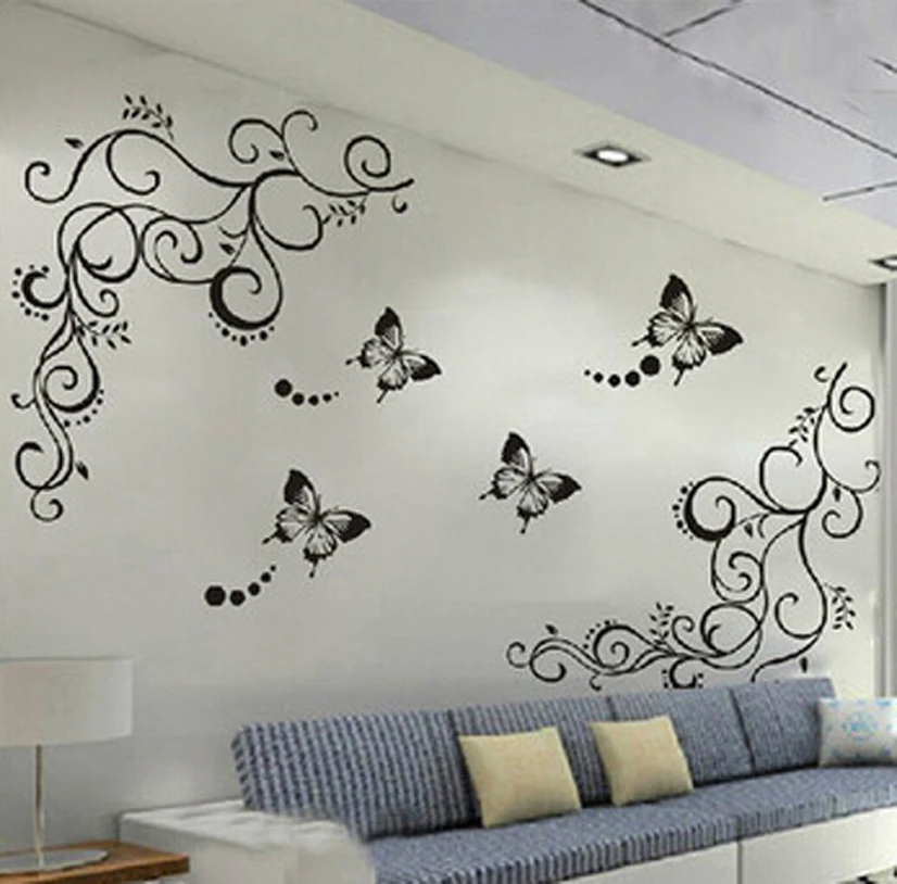 

3D lowest price calssic black butterfly flower wall sticker home decor poster flora butterflies TV wall beautiful decoration