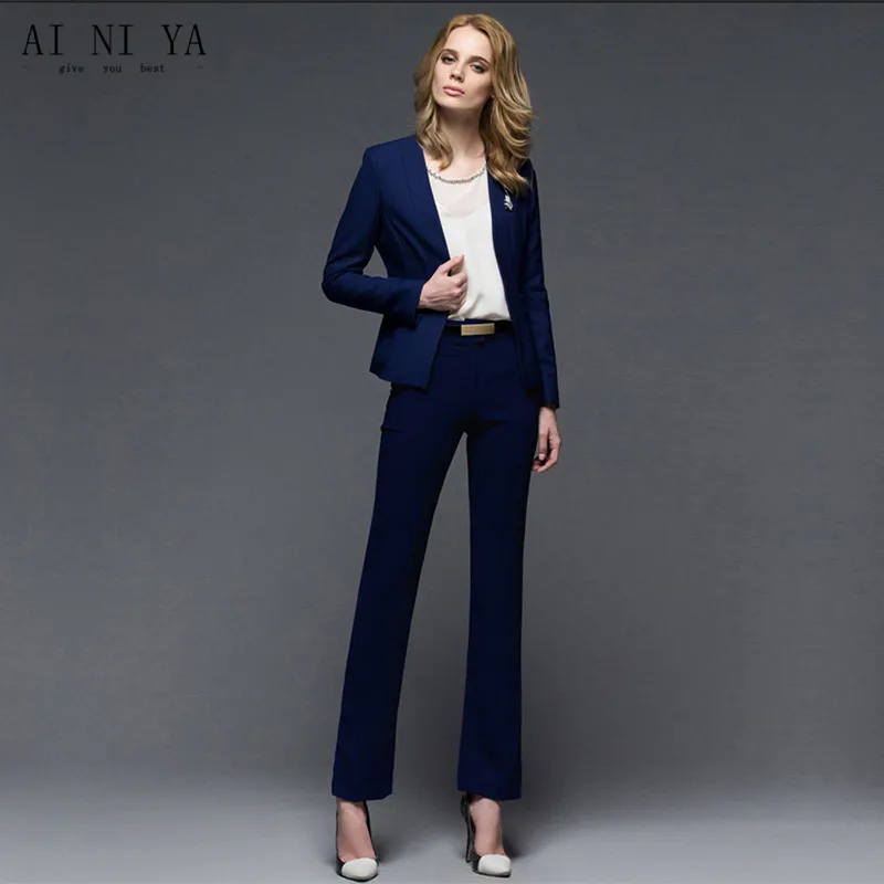 2018 Dark Blue Business Suits Women's Pants Suit Slim Fit Suit Figured