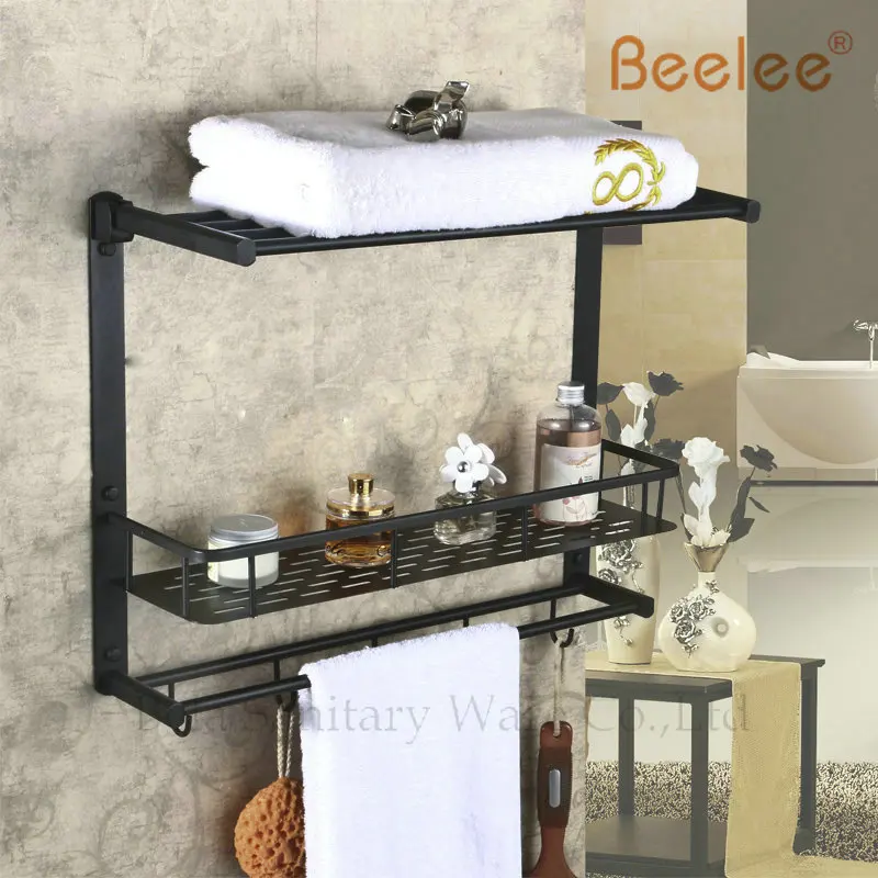 Beelee BL8501B Oil Rubbed Bronze Storage Holder Wall Mount Bath Shelf With Towel Bar Dual Tiers Bathroom Accessories