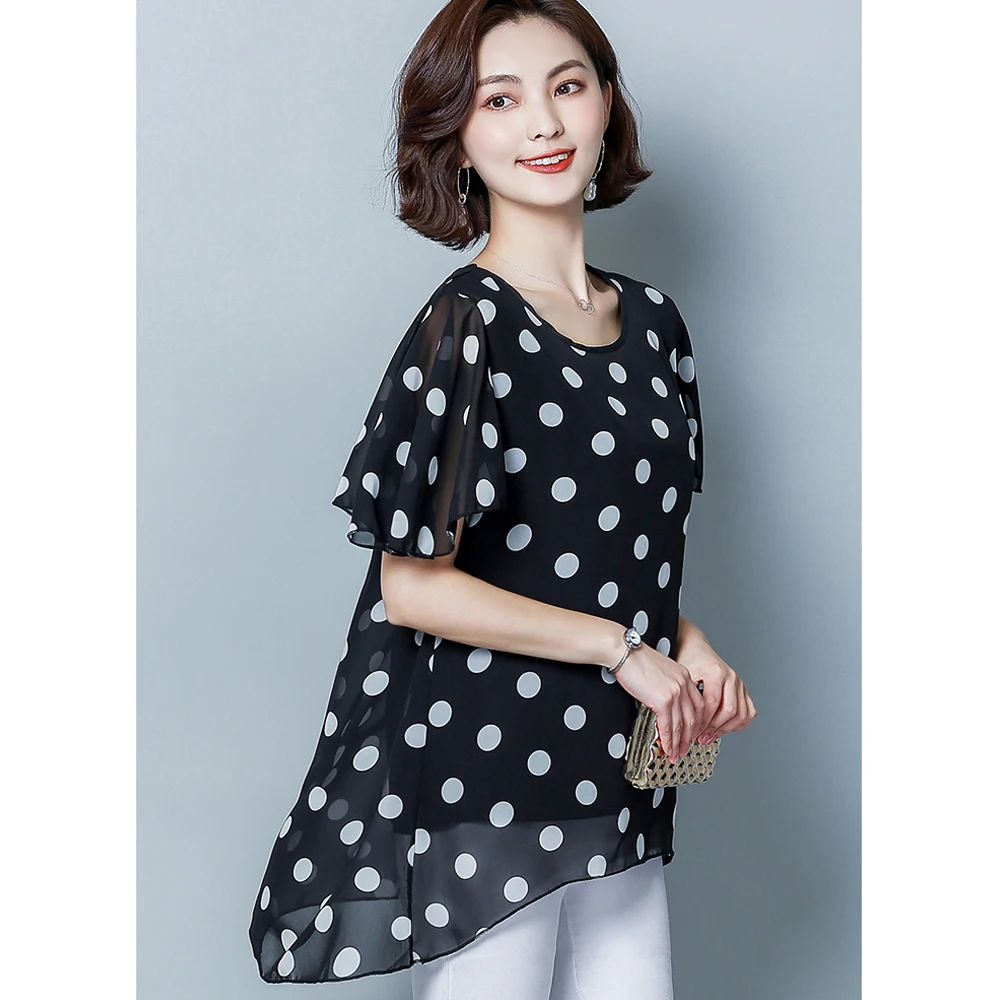 Spring and summer new style Women's large size XL-5XL short sleeve blouses Temperament wave chiffon shirt