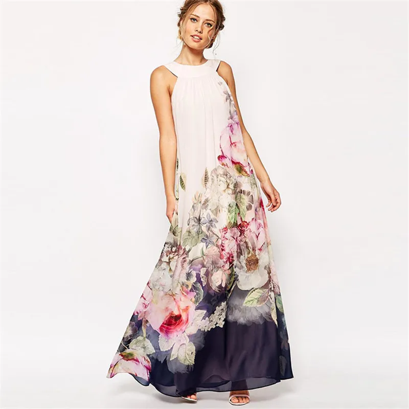 

Fashion Women Maxi Dress Summer Style New Plus Size Vestidos Vintage Flower Print Dresses Halter Off Shoulder Long Kleid