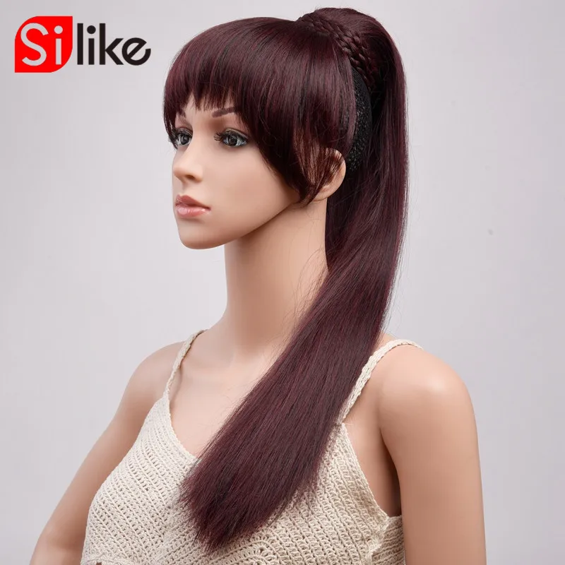

Straight Pony Tail With Bangs 22 Inch 150g Ponytail Hairpiece With Hairpins Synthetic Hair Pony Tail Clip In Hair Extension