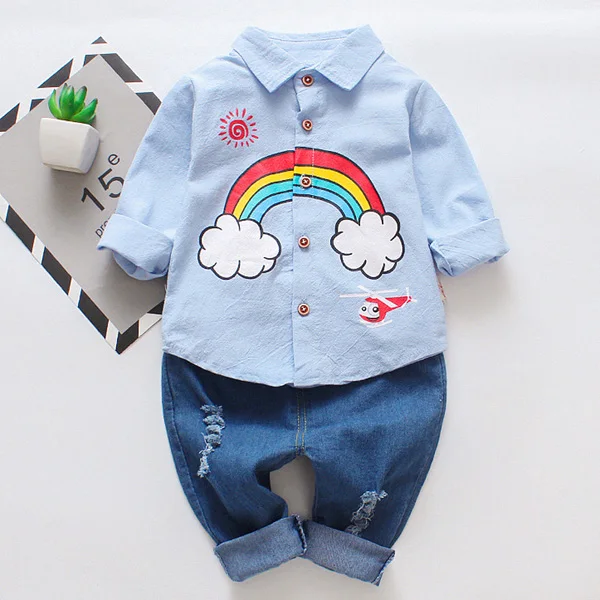 Комплект одежды для маленьких мальчиков, Детская футболка Топы и штаны комплект одежды для маленьких мальчиков одежда с длинными рукавами и радугой для детей 0-3 лет - Цвет: Blue