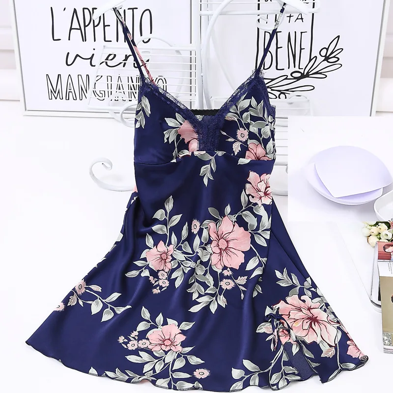 

Printing Spaghetti Strap Lace Women Nightdress With Pad Deep V Female Pijama