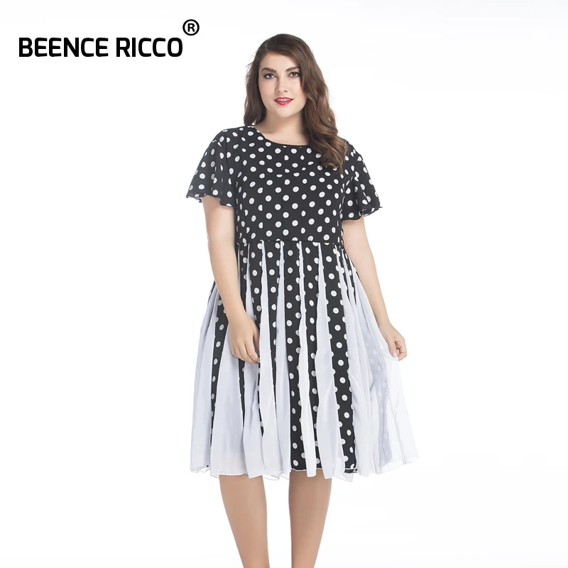 BEENCE RICCO Plus Size Chiffon Summer Dress Women Large Lower White Dot