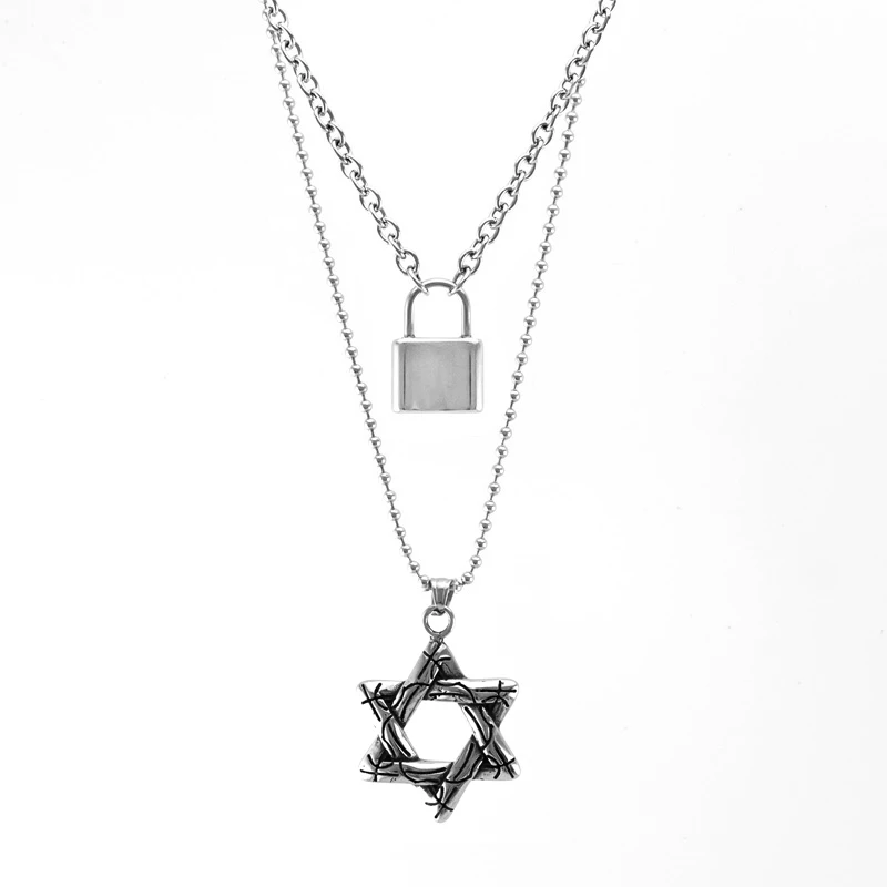

Handmade Stainless Steel Square Lock Necklace For Men Women Unisex Harajuku Double Layer PadLock Star Of David Necklaces Choker