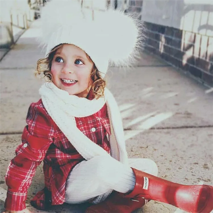 Bonnet et Écharpe Double Pom Pom de fourrure, Bonnets Enfants d'hiver