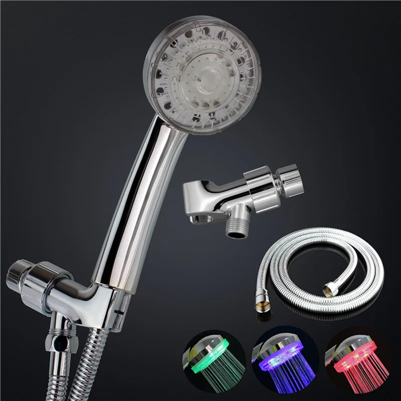 

Handheld Rainfall Shower Head 3 Color Changing LED Light Temperature Sensor + Hose + 2-way water diverter/bracket