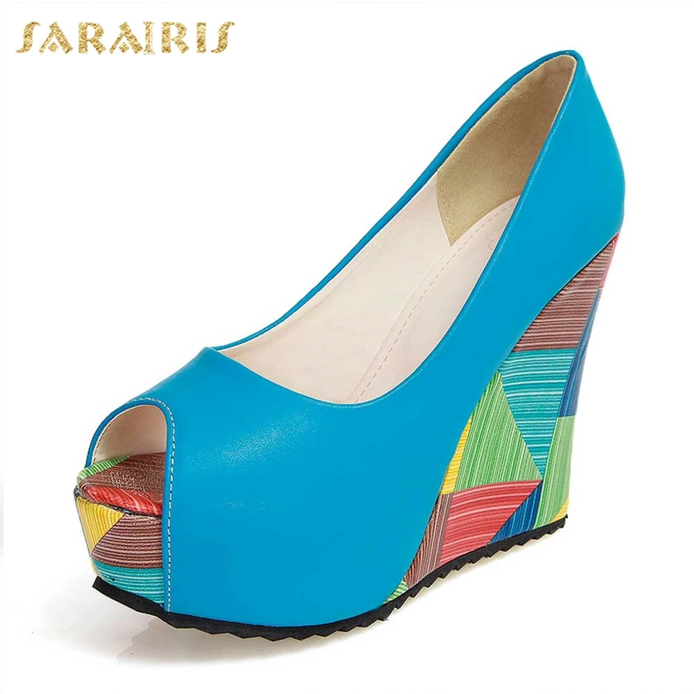 SaraIris/туфли на танкетке с разноцветным принтом летние женские туфли на высоком каблуке с открытым носком на платформе для свадебной вечеринки женские туфли-лодочки размеры 34-40 - Цвет: Синий