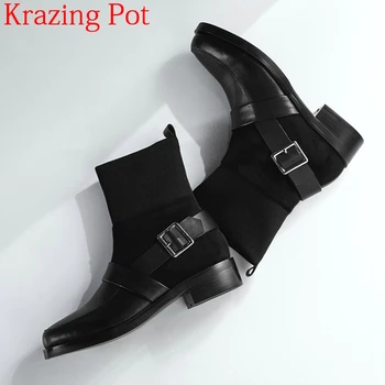 

2018 New Arrival Genuine Leather Med Heels Black Motorcycle Boots Round Toe Metal Buckle Runway Model Sexy Women Ankle Boots L05