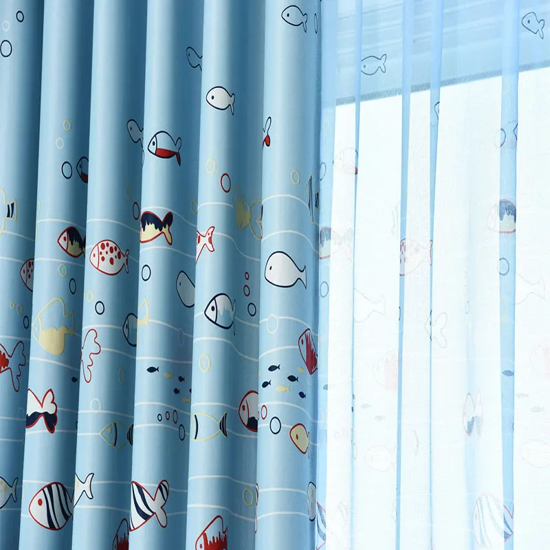 

Eco-friendly Blue Ocean Sea Fish Child Bedroom Window Curtain Tulle Sheer Curtain Cartoon Children Kids Window Curtains