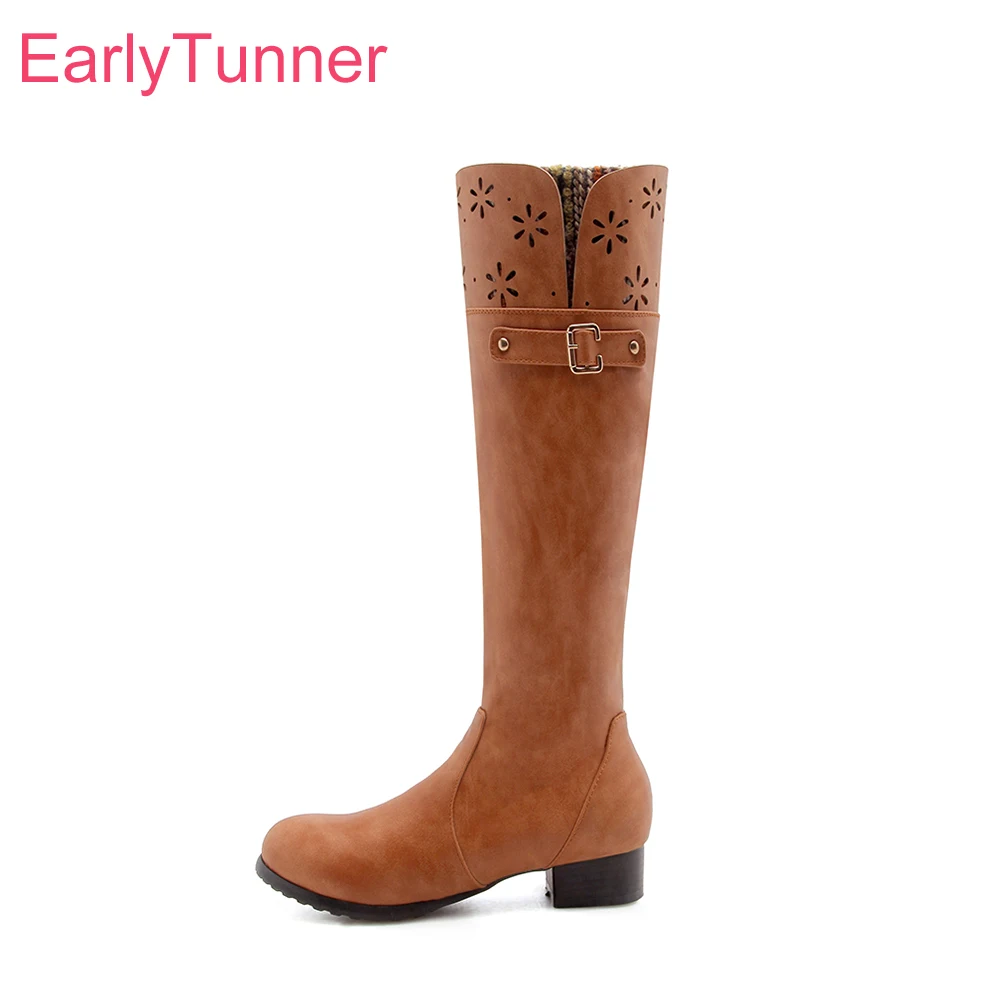 Brand New Winter Fashion Black Yellow Women Knee High Boots Chunky Med Heels Lady Riding Shoes EK833 Plus Big Size 10 32 47 | Обувь