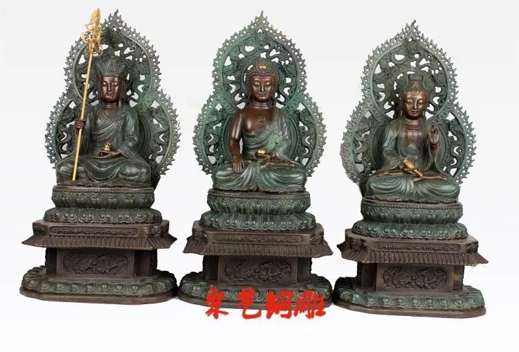 

Tibet Bronze Painted Three Saints of West Jizo Kwan-yin Guanyin Sakyamuni Statue