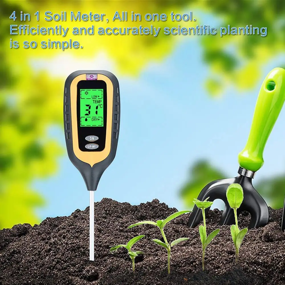 Новая почва Тесты набор 4-в-1 анализатор почвы для влажности почвы pH солнечного света Температура Высокая точность ЖК-дисплей цифровой