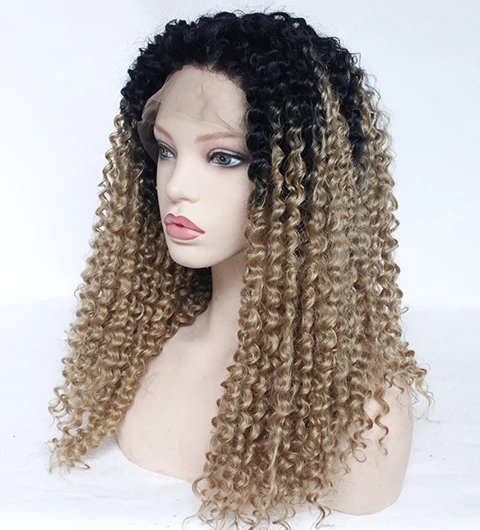 Афро кудрявый парик химическое Синтетические волосы на кружеве Ombre Мёд блондинка парик бесклеевого бесплатная часть 1B/27 жаропрочных