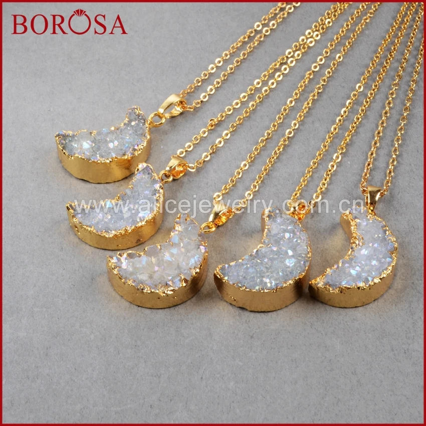 BOROSA 5 шт. золотые цвета в форме Луны Кристалл Друза кулон ожерелья Агаты Drusy AB для
